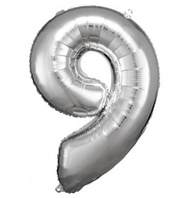 Grosse Zahl 9 Silber Folienballon N34 verpackt 63 cm x 86 cm