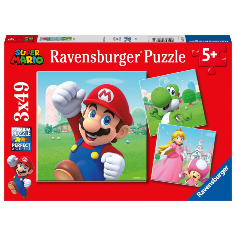 Ravensburger Super Mario Puzzle mit Mario, Yoshi und Peach, geeignet für Kinder ab 5 Jahren.