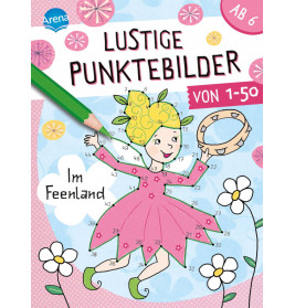 Eine fröhliche Fee im rosa Kleid hält ein Tamburin, umgeben von Blumen, Zahlen und einem Bleistift.