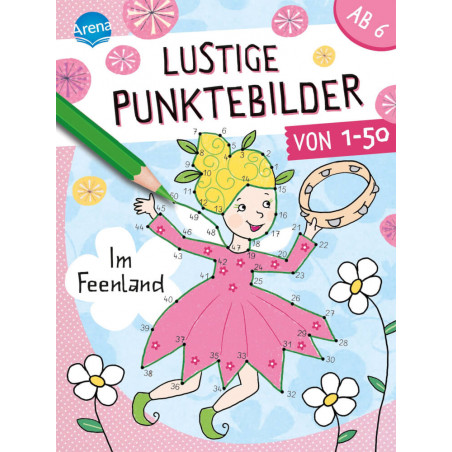 Eine fröhliche Fee im rosa Kleid hält ein Tamburin, umgeben von Blumen, Zahlen und einem Bleistift.
