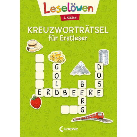 Buchcover Loewe Leselöwen Kreuzworträtsel 1. Klasse mit Bildern von Essen, Berg, Münze und Zug.