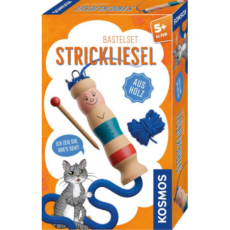 Verpackung eines Holz-Strickpuppen-Sets mit blauer Wolle, Nadel und einer Katze als Cartoon auf der Schachtel.