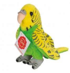 Plüschiger gelb-grüner Wellensittich mit Schild, schwarzen Abzeichen, grauem Schnabel und Füßen.