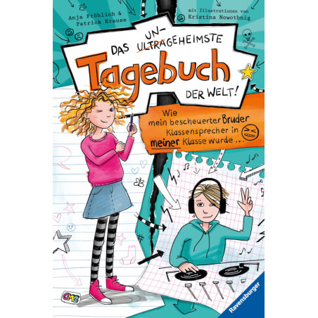 Ein Mädchen schreibt ins Tagebuch, ein Junge mit Kopfhörern zeigt das Peace-Zeichen auf einem bunten Cartoon-Cover.