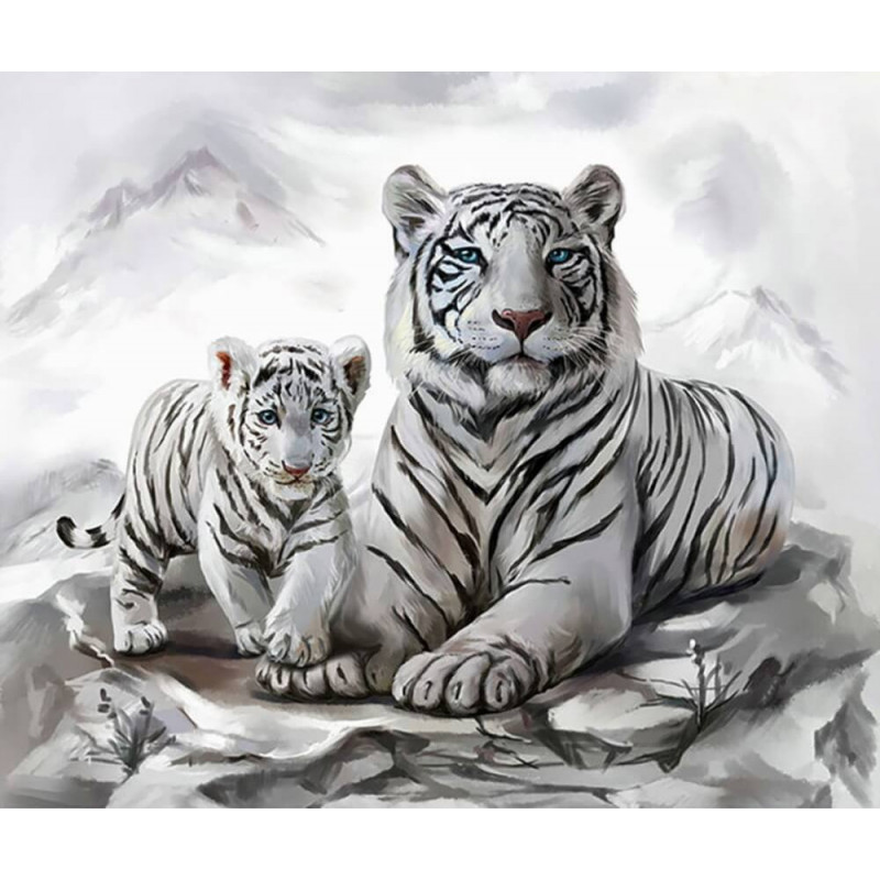 Diamond Painting Weiße Tigermama mit Jungtier 40x30 cm