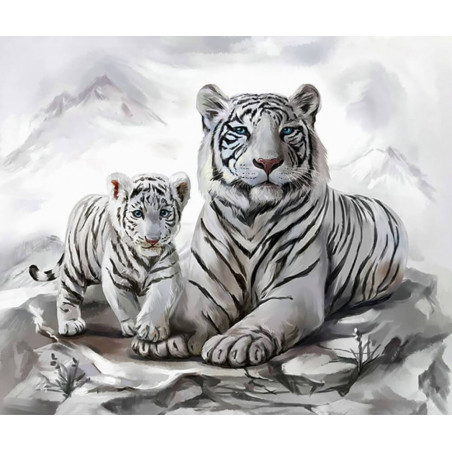 Diamond Painting Weiße Tigermama mit Jungtier 40x30 cm