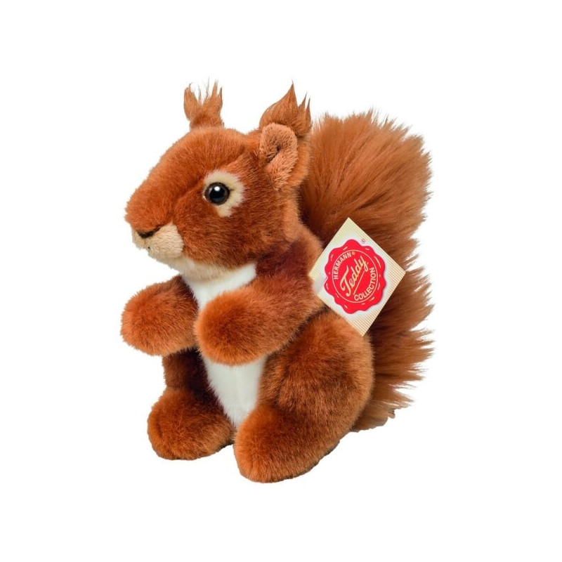 Plüsch-Eichhörnchen mit weißem Bauch und buschigem Schwanz, sitzt aufrecht, seitlich ein Etikett.