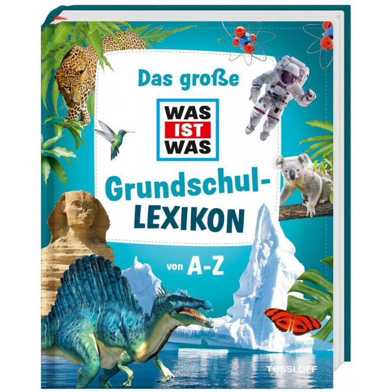 Buntes Cover eines deutschen Kinderlexikons mit Tieren, Astronauten und Wahrzeichen, Titel: Grundschul-Lexikon. Buntes Cover eines deutschen Kinderlexikons mit Tieren, Astronauten und Wahrzeichen, Titel: Grundschul-Lexikon.