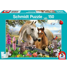Puzzlebox mit zwei Pferden am Holzzaun, bunten Blumen, Vögeln und ländlicher Kulisse.