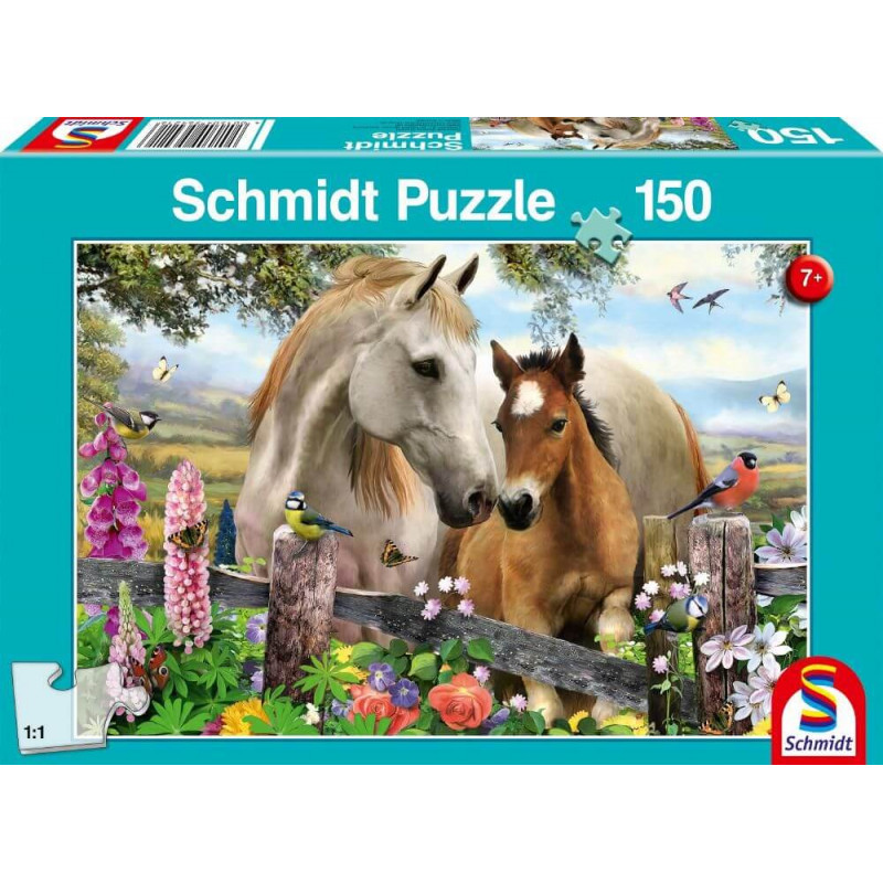 Puzzlebox mit zwei Pferden am Holzzaun, bunten Blumen, Vögeln und ländlicher Kulisse.