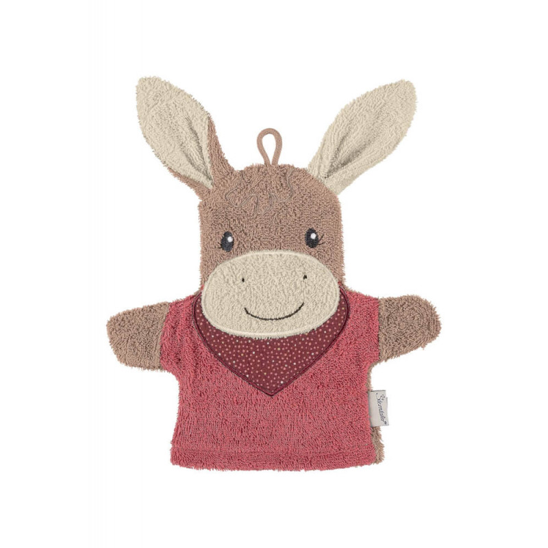 Handpuppe Esel mit großen Ohren, rotem Shirt und freundlichem Lächeln aus weichem Stoff.