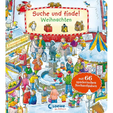 Belebter Weihnachtsmarkt mit Menschen, Schnee, Dekorationen und einem Suche und finde! Weihnachten-Schild darüber.