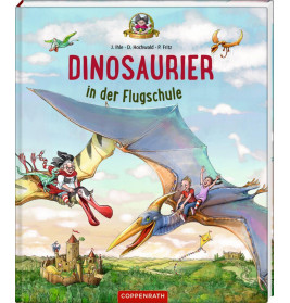 Buchcover: Kinder reiten auf fliegenden Dinosauriern über eine Landschaft. Titel: Dinosaurier in der Flugschule.