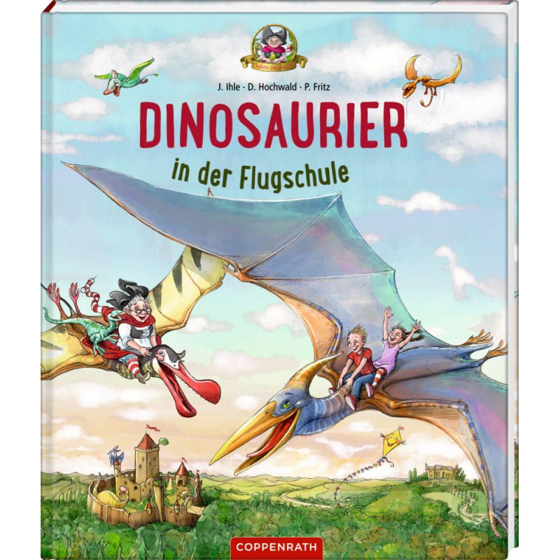 Buchcover: Kinder reiten auf fliegenden Dinosauriern über eine Landschaft. Titel: Dinosaurier in der Flugschule. Buchcover: Kinder reiten auf fliegenden Dinosauriern über eine Landschaft. Titel: Dinosaurier in der Flugschule.