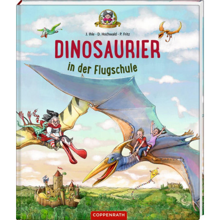 Buchcover: Kinder reiten auf fliegenden Dinosauriern über eine Landschaft. Titel: Dinosaurier in der Flugschule. Buchcover: Kinder reiten auf fliegenden Dinosauriern über eine Landschaft. Titel: Dinosaurier in der Flugschule.