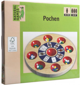 Schachtel des Spiels Pochen mit rundem Spielbrett, Karten und farbigen Chips.
