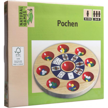 Schachtel des Spiels Pochen mit rundem Spielbrett, Karten und farbigen Chips.