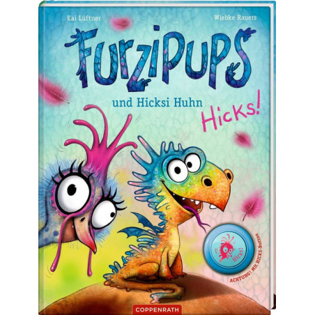 Buntes Kinderbuchcover mit Cartoon-Huhn und Drache, Titel: Furzpups und Hicksi Huhn Hicks!. Buntes Kinderbuchcover mit Cartoon-Huhn und Drache, Titel: Furzpups und Hicksi Huhn Hicks!.