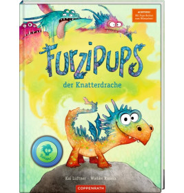 Buntes Kinderbuchcover mit Comic-Drache und Monstern, Titel: Furzipups der Knatterdrache.
