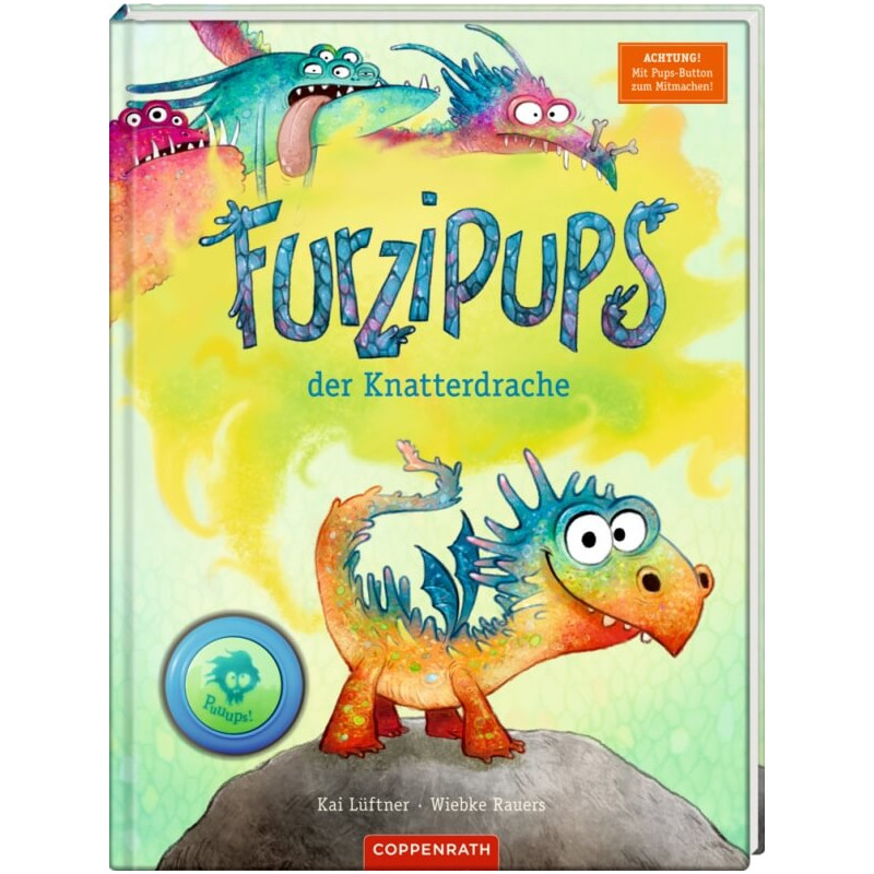 Buntes Kinderbuchcover mit Comic-Drache und Monstern, Titel: Furzipups der Knatterdrache. Buntes Kinderbuchcover mit Comic-Drache und Monstern, Titel: Furzipups der Knatterdrache.