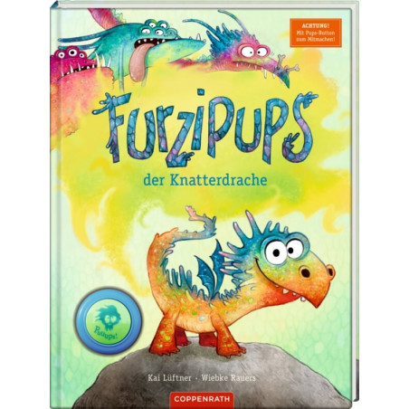 Buntes Kinderbuchcover mit Comic-Drache und Monstern, Titel: Furzipups der Knatterdrache. Buntes Kinderbuchcover mit Comic-Drache und Monstern, Titel: Furzipups der Knatterdrache.