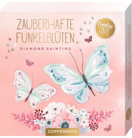 Diamond Painting Set mit pastellfarbenen Schmetterlingen, Blumen und Aufschrift ZAUBERHAFTE FUNKELBLÜTEN.