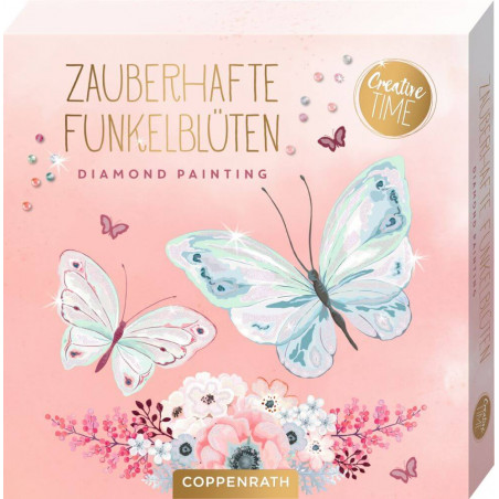 Diamond Painting Set mit pastellfarbenen Schmetterlingen, Blumen und Aufschrift ZAUBERHAFTE FUNKELBLÜTEN.