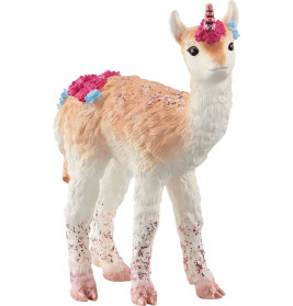 Spielzeug-Llama-Einhorn mit Glitzer, rosa Hufen und bunten Blumen auf dem Rücken.