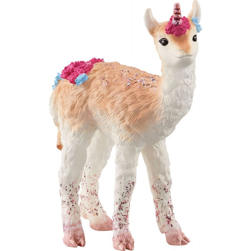 Spielzeug-Llama-Einhorn mit Glitzer, rosa Hufen und bunten Blumen auf dem Rücken. Spielzeug-Llama-Einhorn mit Glitzer, rosa Hufen und bunten Blumen auf dem Rücken.