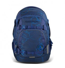 Blauer Rucksack mit geometrischem Muster, frontal gezeigt, mehrere Fächer und Trageriemen sind sichtbar.