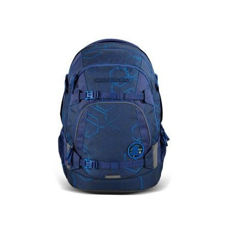 Blauer Rucksack mit geometrischem Muster, frontal gezeigt, mehrere Fächer und Trageriemen sind sichtbar.