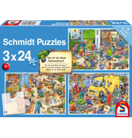 Schmidt Spiele 56417 Puzzle Wo ist die kleine Bohrmaschine? 3 x 24 Teile