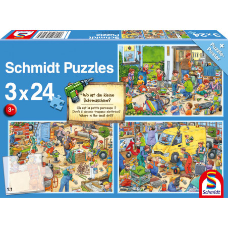 Schmidt Spiele 56417 Puzzle Wo ist die kleine Bohrmaschine? 3 x 24 Teile