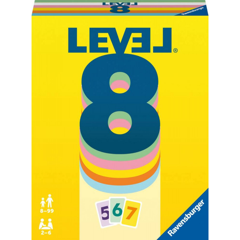 Level 8 Kartenspielbox mit großer, bunter 8 und Karten 5, 6, 7 auf gelbem Hintergrund.