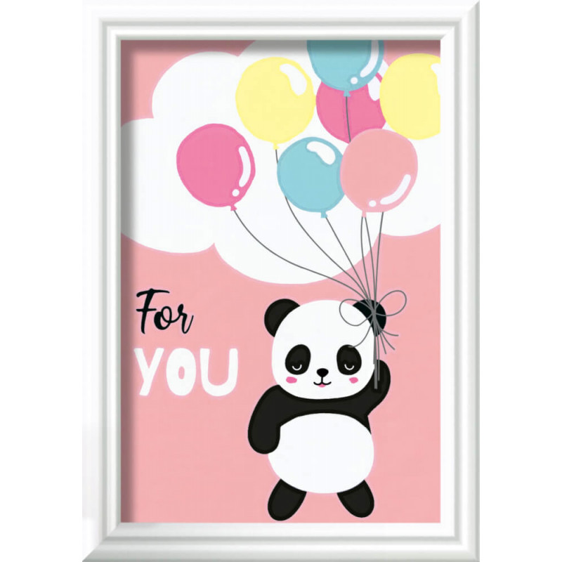Ravensburger 20059 Malen nach Zahlen: Cartoon-Panda mit Ballons und For you auf Rosa, weißer Rahmen.