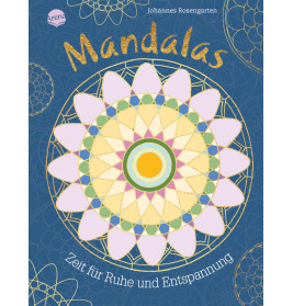 Buntes Mandala auf blauem Hintergrund mit deutschem Text und goldenen Mustern.