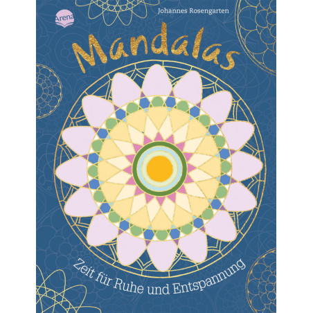 Buntes Mandala auf blauem Hintergrund mit deutschem Text und goldenen Mustern.