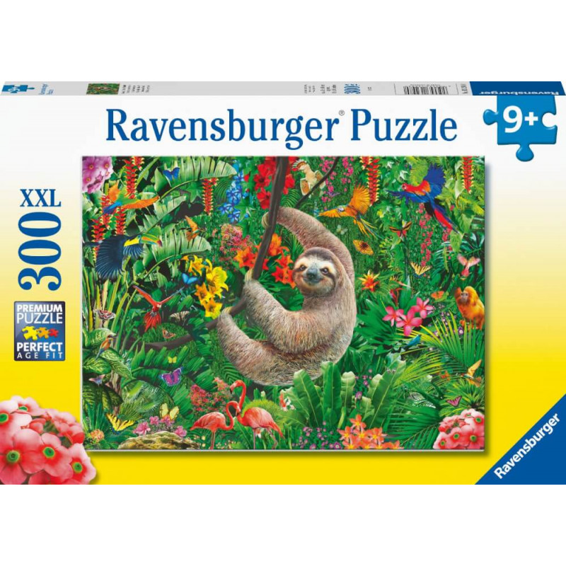 Schachtel eines 300-teiligen Ravensburger Puzzles mit einem Faultier in einer bunten Dschungelszene.