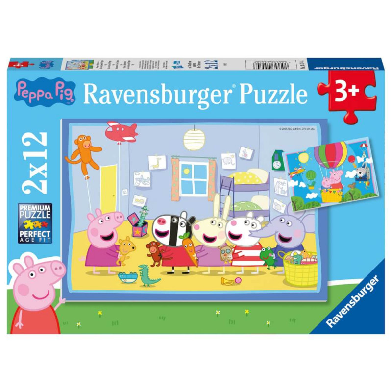 Peppa Pig Ravensburger Puzzle mit Cartoon-Tieren im Klassenzimmer, geeignet für Kinder ab 3 Jahren.