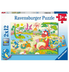 Bunte Ravensburger Puzzlebox mit Cartoon-Dinosauriern in prähistorischer Landschaft, ab 3 Jahren.