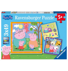 Ravensburger Peppa Pig Puzzle mit drei Familienszenen, geeignet für Kinder ab 5 Jahren.
