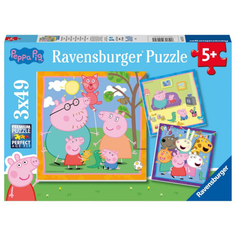 Ravensburger Peppa Pig Puzzle mit drei Familienszenen, geeignet für Kinder ab 5 Jahren.