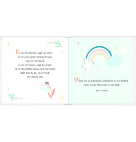 Illustrierte Buchdoppelseite mit deutschem Text, Regenbogen, weißer Taube und bunten Akzenten.