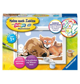 Mal-Set-Box mit Motiv zweier schlafender Kätzchen, enthalten sind Farben und ein Pinsel.