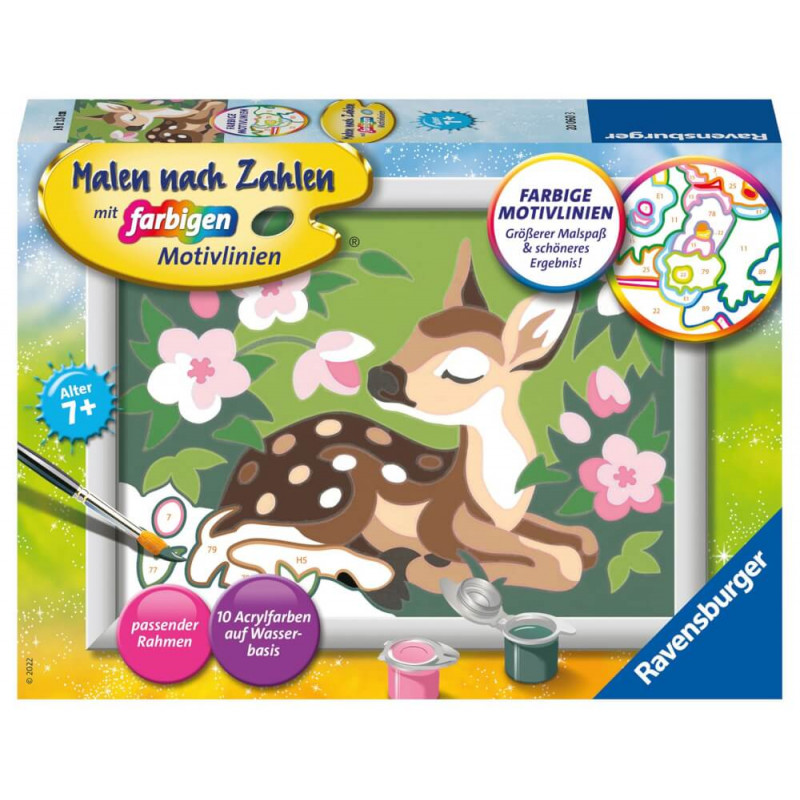 Malen-nach-Zahlen-Set mit Cartoon-Rehkitz im Wald, inklusive Farben und Pinsel, ab 7 Jahren geeignet.