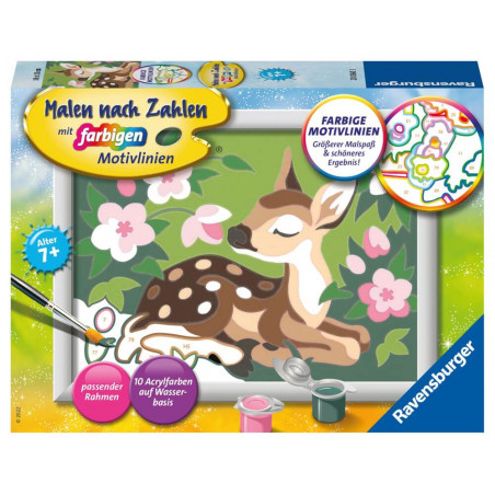 Malen-nach-Zahlen-Set mit Cartoon-Rehkitz im Wald, inklusive Farben und Pinsel, ab 7 Jahren geeignet.