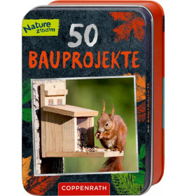 Blechdose mit Aufdruck 50 Bauprojekte und einem Bild eines Eichhörnchens am Holzfutterhaus auf der Vorderseite.
