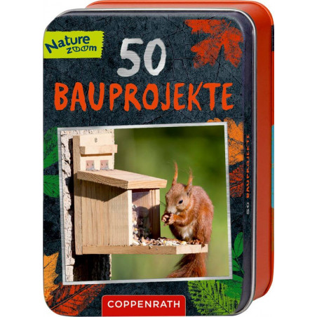 Blechdose mit Aufdruck 50 Bauprojekte und einem Bild eines Eichhörnchens am Holzfutterhaus auf der Vorderseite.