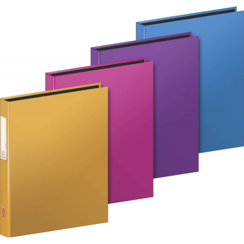 Vier bunte Ordner-gelb, rosa, lila und blau-stehen diagonal auf weißem Hintergrund.