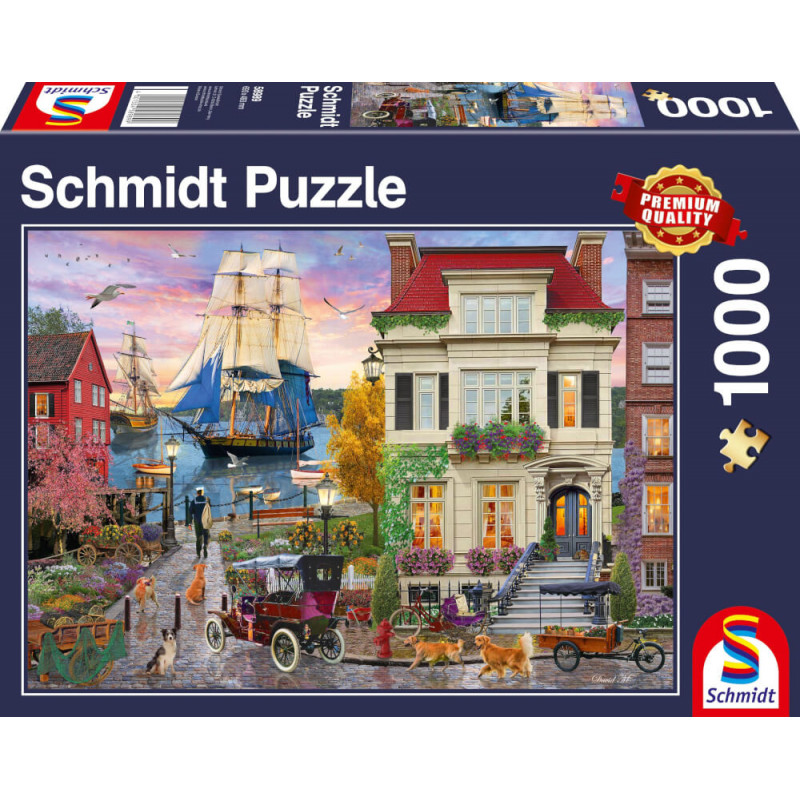 Puzzlebox mit nostalgischer Küstenstadt, Segelschiff, Oldtimern, Menschen und Tieren vor historischen Häusern. Puzzlebox mit nostalgischer Küstenstadt, Segelschiff, Oldtimern, Menschen und Tieren vor historischen Häusern.